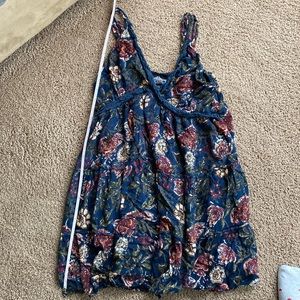 Blue floral dress with double spaghetti straps.